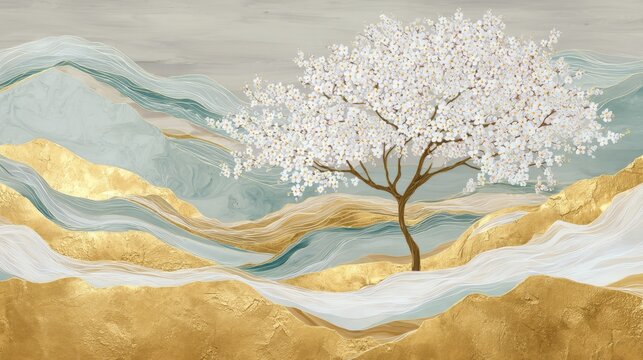 Flowering cherry tree in mountainous landscape with golden hills and swirling teal water lines. Abstract oriental style mural for interior decor. Elegant nature scenery art background.