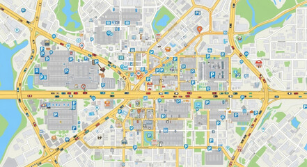 Fototapeta premium Detailed City Map with Roads and Buildings Overhead View.