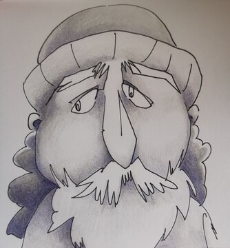 Illustration au crayon de couleur d'un vieil homme ayant une barbe et portant un chapeau 
