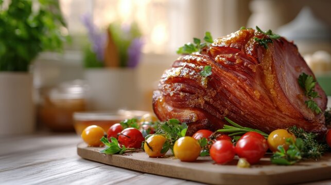 Glazed spiral sliced ham on wooden board with fresh cherry tomato and herb. Homemade meal preparation for Easter or Christmas celebration. Delicious traditional meat dish for dinner.