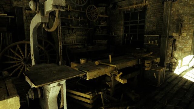 Dimly lit wooden workbench with tools and plane, grainy shadows and warm highlights, aged chisel and lathe parts scattered across surface, wheel and chest
