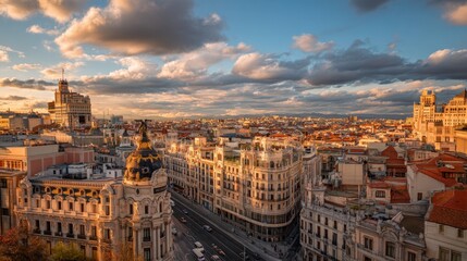 Obraz premium Aerial view of Madrid cityscape at sunset. Panoramic urban landscape featuring traditional historical buildings and architecture. Famous European capital city at golden hour light. Travel