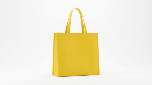 A bright yellow reusable shopping tote bag with parallel handles stands upright
