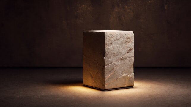 Stone pedestal for product display on dark background. Rectangular block of natural sandstone for exhibition. Minimalist podium for professional advertising, marketing and presentation.