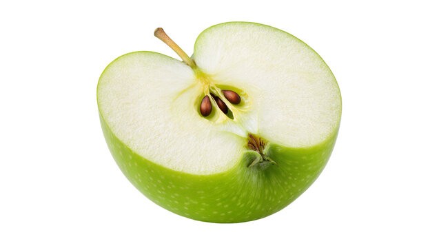 Half green apple with visible seeds and stem, isolated on transparent background