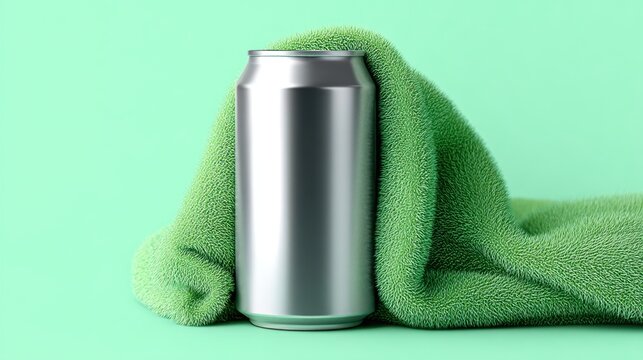 Aluminum soda can draped with a soft green textured towel. Minimalist product display for beverage marketing. Creative advertising concept for refreshing drink refreshment cold liquid.