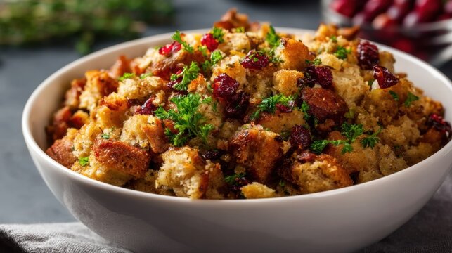 Bowl of homemade bread stuffing with cranberry and herb. Traditional Thanksgiving side dish served in white bowl. Savory rustic food preparation for holiday dinner and festive celebration.