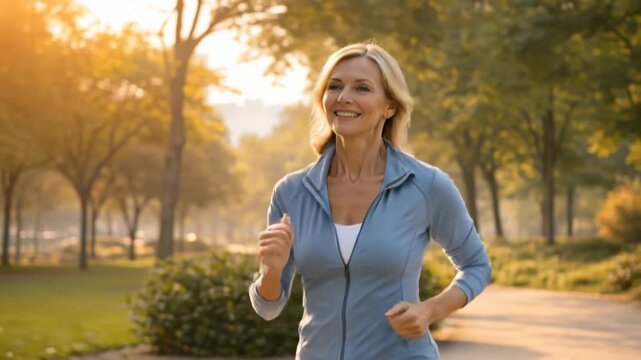 Mature woman jogging in sunny park, menopause fitness and active healthy aging concept, outdoor lifestyle scene.