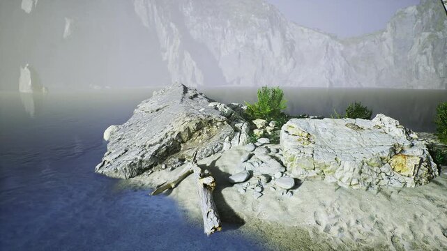 Rocky islet with green shrub beside calm water limestone outcrops, gentle erosion patterns, soft sunrise haze, distant cliffs, ideal botanist field survey site