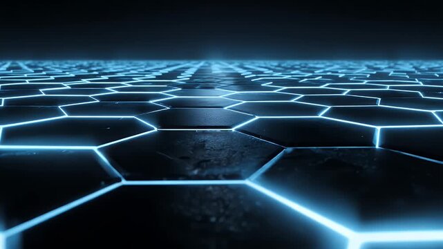 Futuristic floor surface composed of dark glowing hexagons with bright neon cyan light pulses traveling across textured geometric grid landscape in seamless looping motion graphic video background.