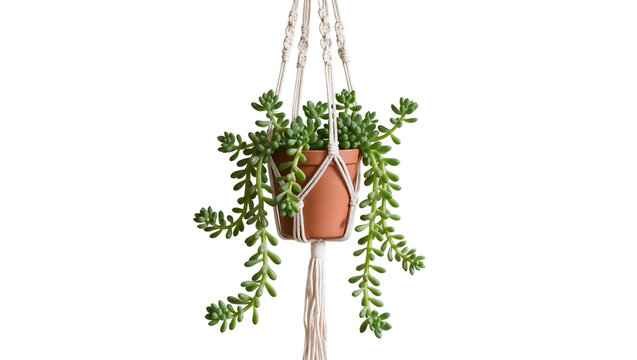 Terracotta pot with trailing succulent plant in macrame hanger, isolated on transparent background