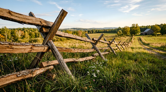 Rustic Split Rail Wooden Fence in Countryside Landscape | Old Farm Barn and Meadow with Rolling Hills at Sunset | Rural Scene of Agriculture and Peace | Pastoral Background for Nature Travel