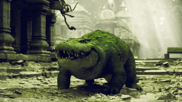 Legendary moss crocodile roaming forgotten temple avenues, broad frame and confident stride with sunlit haze, scene evokes folklore revival and nature
