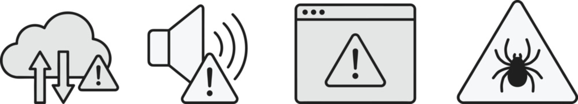 Set of technical error icons representing cloud sync failure audio alert browser warning and computer virus spider malware notificationSet of technical error icons representing 