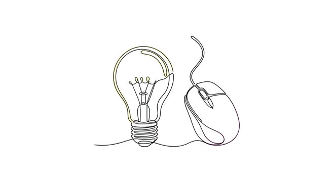 A continuous line drawing featuring a lightbulb and a computer mouse side by side on a plain white background in a clean and minimalist graphic style.