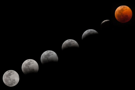 Total Lunar Eclipse Phases Sequence &mdash; Blood Moon Progression from Full Moon to Totality, Stacked Composite Astrophotography on Black Background