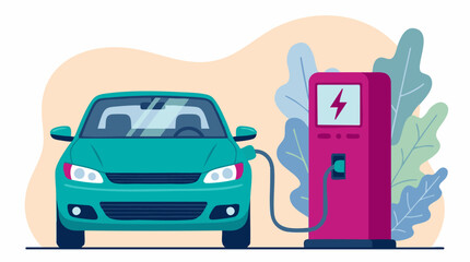 Electric car charging at a public station with natural elements © ColorAsia
