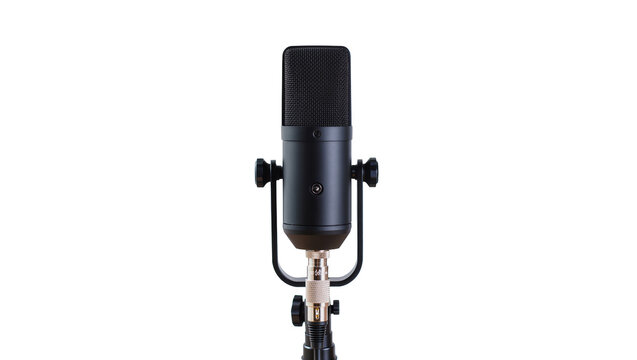 Professional black condenser microphone with metal mount, isolated on transparent background