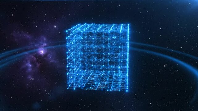 Abstract futuristic blue cube in space with glowing dots and lines representing a network of data and connection.