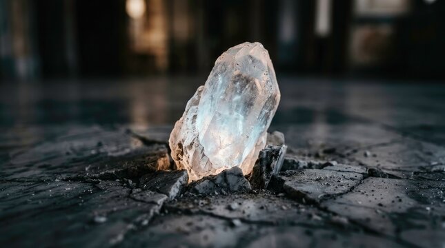 A beautiful clear quartz gemstone isolated and shining on dark surface.