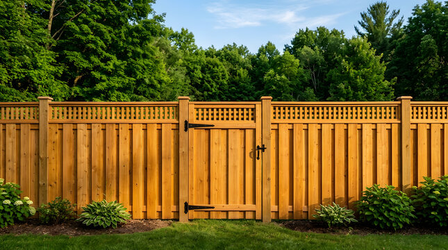 High Quality Wooden Privacy Fence with Lattice Top and Garden Gate | Beautiful Backyard Landscaping with Green Trees and Plants | Residential Property Boundary and Home Security Design