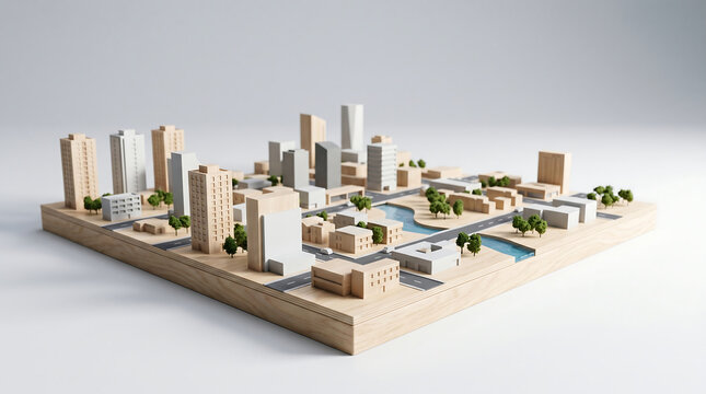 A miniature city model placed on a wooden base showcases buildings and greenery.