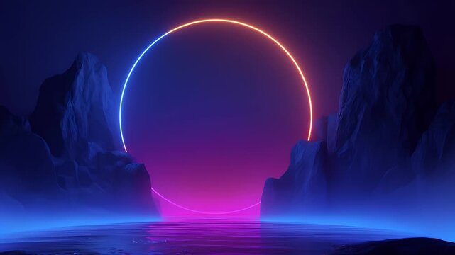 Abstract synthwave landscape with glowing neon ring between dark rocky cliffs and calm water surface featuring vibrant blue and pink lighting effects for cinematic digital motion background.