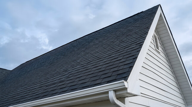 Dark grey asphalt shingle roof on house | White gutter and downspout system installation | Gable roof design with white siding and vent | Home maintenance and construction | Protective roofing