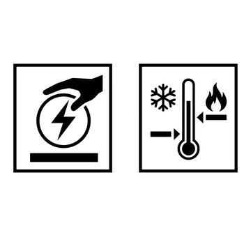 Vector set of black packaging warning labels: electrostatic sensitive device (ESD) hazard and storage temperature limit icons.