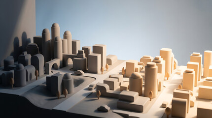 Fototapeta premium Miniature city setup with buildings and roads on a table indoors
