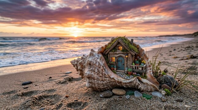 Miniature house inside a seashell on the beach during a beautiful sunset