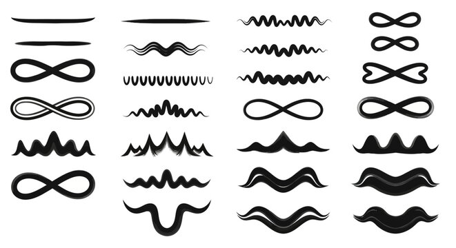 Diverse collection of hand-drawn vector lines, wavy shapes, zigzag patterns, and infinity symbols for design elements and creative text decoration