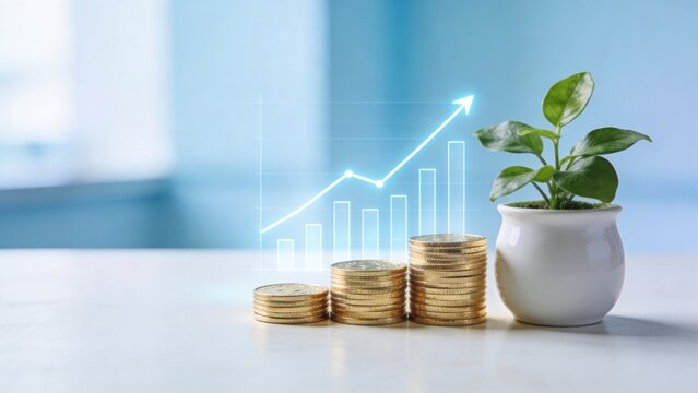 A potted plant grows beside stacks of coins with a rising graph in the background on a table.