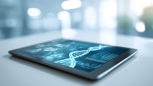 Digital Tablet Displaying Glowing DNA Graphic on Medical Screen