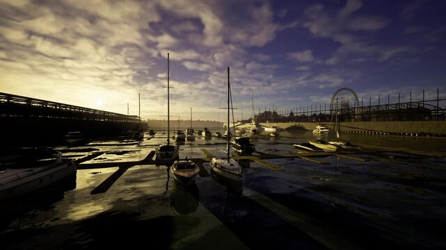 boats lined along sunlit marina, glowing reflections on water and dark bridge framing horizon. wet pavement and industrial skyline add gritty urban contrast.