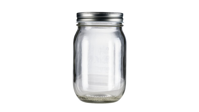 Empty clear glass mason jar with silver metal lid, isolated on transparent background