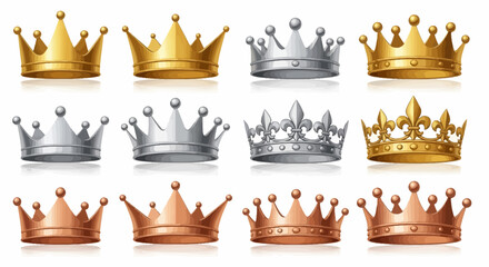 Collection of Regal Crowns in Gold, Silver, and Bronze, Symbolizing Royalty, Power, and Achievement © HUANG