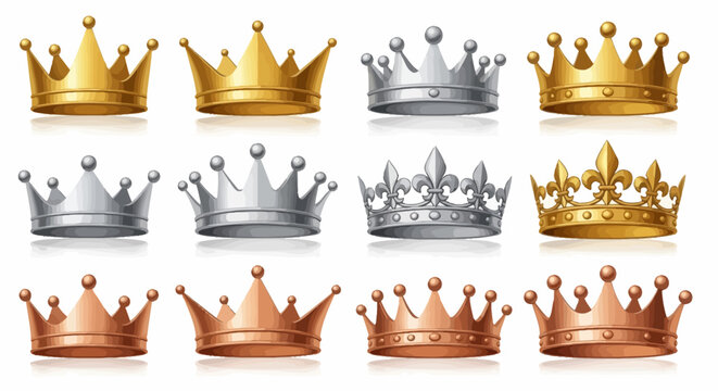 Collection of Regal Crowns in Gold, Silver, and Bronze, Symbolizing Royalty, Power, and Achievement
