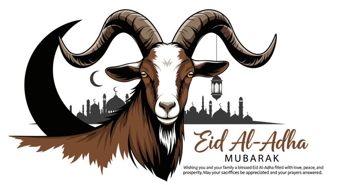 Eid Al-Adha Mubarak celebration with a goat in a cityscape at night