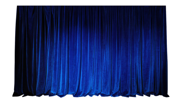 Deep blue velvet stage curtains with vertical folds, isolated on transparent background