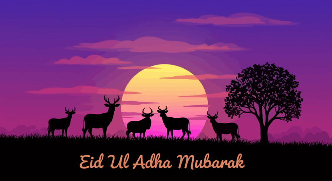 Eid celebration with deer and tree at sunset savannah landscape