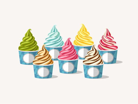 Collection of Seven Different Flavors Soft Serve Ice Cream in Paper Cups