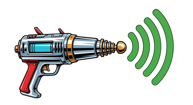 A vintage sci-fi ray gun with polished metallic textures emits rhythmic green radio wave pulses from its barrel in a clean and bright white environment.