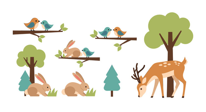 A cheerful, flat design of a forest scene evokes feelings of tranquility and growth. Suitable for nature-themed marketing, website backgrounds, or edu