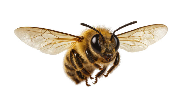 Fuzzy honey bee with transparent wings in flight, isolated on transparent background