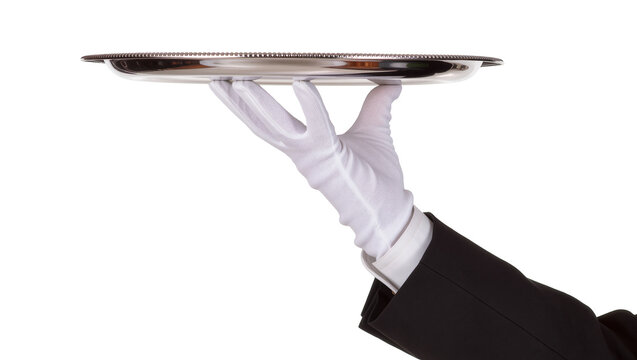 White gloved hand holding a polished silver serving tray, isolated on transparent background