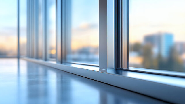 Close up of modern double glazed window glass showcasing its clarity with reflective surface and urban skyline view through transparent panes in a contemporary building interior during golden hour