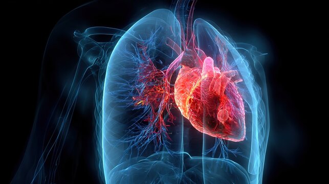 Medical 3D illustration of pulmonary embolism condition, dangerous blood clot blockage in lung artery, thromboembolism respiratory emergency, impaired blood circulation in pulmonary vessels, 