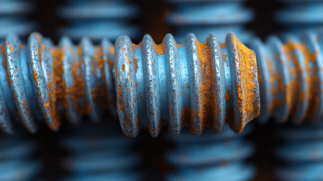 Close up of rusted blue metal screws with textured surfaces showing wear and corrosion details in a shallow depth of field industrial setting emphasizing material condition and mechanical durability.