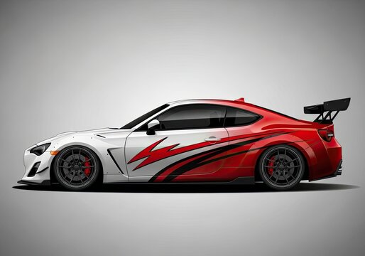 Red and white custom sports car with racing livery